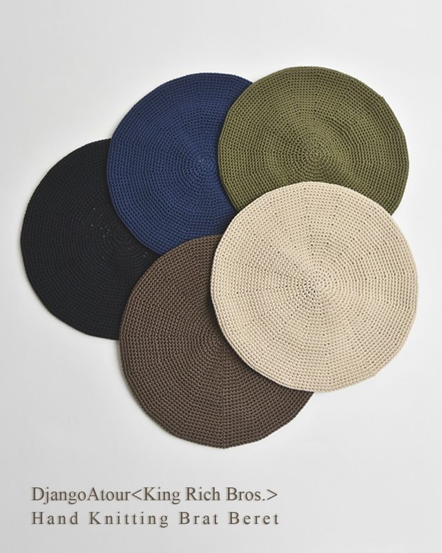 “RE-STOCK ITEM“ DjangoAtour＜King Rich Bros.＞ “Hand Knitting Brat Beret”  店主がいつもかぶっているジャンゴアトゥールのベレーが再入荷。全色揃いました！ 人里離れた山の麓で暮らすクレイジーな老夫婦と、RONDE & PIRACONIAさん（DjangoAtour）の共同企画によるニット帽を、当店も分けていただきました。今作は、春夏秋（冬）被れちゃうコットンベレーです。ひとつひとつ丁寧に編み込まれた逸品です。ちなみに、bratとはスペイン語で “悪ガキ” という意味だそうです。 コットンニットなので、水洗いも出来てメンテナンスも簡単です！ 【 ★ 写真に触れると商品タグが表示されます。そこから詳細ページに簡単にアクセスできます！ 】  ーーーーーーーーーーーーーーーーー □ color：「black」「deepblue」「khaki」「mocha」「cream」 □ size：free □ hand knitting：かぎ針編み □ price：￥14,200(税別)【税込 ￥15,620】 ● 本製品は、国内のみの発送です。Please note that these caps are available for shipping within Japan only. ーーーーーーーーーーーーーーーーー  @masuya1997 #djangoatour #handknitting #bratberet #beret #ベレー帽