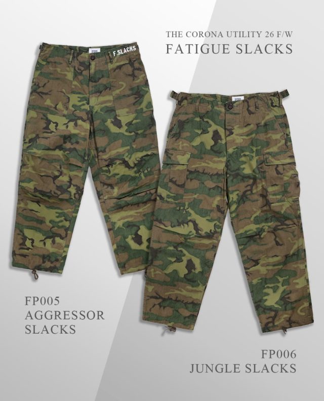 “New Arrival“ FATIGUE SLACKS “AGGRESSOR SLACKS” & “JUNGLE SLACKS” THE CORONA UTILITY “2026 F/W COLLECTION” の入荷第3弾は... 「AGGRESSOR SLACKS」 & 「JUNGLE SLACKS」です！ “AGGRESSOR SLACKS”は、1950年代・米軍の軍事演習用 “アグレッサーユニフォーム（仮想敵国ユニフォーム）”のボトムスを基に作られたアイテムです。 前後4つのパッチポケットのシンプルなディテールですが、膝に2本のタックが入る立体的な身頃の作りとなっています。 膝を中心に前身頃が弓なりにカーブする完全オリジナルシルエットです。 太いワタリから裾に向けてゆるくテーパードする穿き易い形で、後ろ身頃のバランスがやや大きいとてもリラックスできる穿き心地です。 “JUNGLE SLACKS”は、1960年代ベトナム戦争で使用された米軍ジャングルファティーグパンツ(2ndモデル)に着想を得た、ブランドのシグニチャーアイテムです。 ジャングル戦を想定した軽量かつ機能的な設計を継承し、ゆったりとしたシルエットと豊富なポケットが特徴。 独自に進化したやや太めのテーパードシルエットで、快適且つ洗練された穿き心地を実現。 カーゴポケットをコンパクトに改良し、重心を上部に設定することで、日常使いに最適なバランスとスタイルに仕上げられています。 各アイテムの詳細は、写真をタップ→「商品タグ」からご覧いただけます！ ーーーーーーーーーーーーーーーーー 「AGGRESSOR SLACKS」 　□生地：COTTON RIPSTOP・ERDL CAMOUFLAGE（100% COTTON） 　□カラー：ERDL CAMOUFLAGE “GREEN in COUNTRY” w/BIO-WASH [26-07] 　□サイズ：M・L [当店入荷サイズ] 　□プライス：￥33,000 (税別)【税込 ￥36,300】 ーーーーーーーーーーーーーーーーー 「JUNGLE SLACKS」 　□生地：COTTON RIPSTOP・ERDL CAMOUFLAGE （100% COTTON） 　□カラー：ERDL CAMOUFLAGE “GREEN in COUNTRY” w/BIO-WASH [26-07] 　□サイズ：M・L [当店入荷サイズ] 　□プライス：￥38,000 (税別)【税込 ￥41,800】 ーーーーーーーーーーーーーーーーー 【 ★ 写真をタップ→「商品タグ」から商品ページにアクセス出来ます。 】 @masuya1997 #the_corona_utility #Fatigue_Slacks #Military #ERDL #ファティーグスラックス