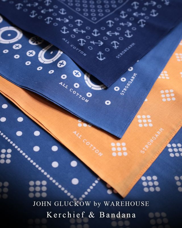 “New Arrival“ JOHN GLUCKOW by WAREHOUSE “Kerchief” & “Bandana” が入荷しました！ 【 ★ 写真をタップ→「商品タグ」から商品ページにアクセス出来ます。】 ーーーーーーーーーーーーーーーーー 『JOHN GLUCKOW by WAREHOUSE』“Lot JG-BD01 Sailor’s Kerchief” □品番：Lot JG-BD01 □カラー：インディゴ □生地：コットン100％ 40番×40番 セルヴィッチコンパスインディゴ染め（抜染プリント）/ 片耳仕様 □サイズ：「約51cm x 54cm」（ONE SIZE） □プライス：￥3,500 (税別)【税込 ￥3,850】 ーーーーーーーーーーーーーーーーー 『JOHN GLUCKOW by WAREHOUSE』“Lot JG-BD02 3by3 Bandana” & “Lot JG-BD03 The Circle-Dot Bandana” □品番：Lot JG-BD02 / Lot JG-BD03 □カラー：「ブルー」「オレンジ」 □生地：コットン100％ 40番×40番 セルヴィッチコンパス硫化染め（抜染プリント）/ 片耳仕様 □サイズ：「約54cm x 55cm」（ONE SIZE） □プライス：￥2,400 (税別)【税込 ￥2,640】 ーーーーーーーーーーーーーーーーー @masuya1997 #JOHNGLUCKOW #WAREHOUSE #Kerchief #Bandana #ジョングラッコー